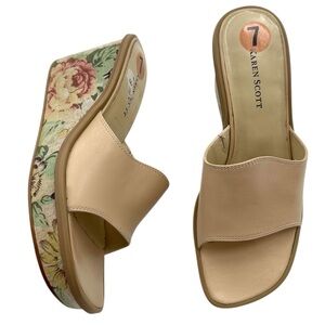 Karen Scott Nude Slip On Leather Sandals with Floral Print Wedge Heel Size 7